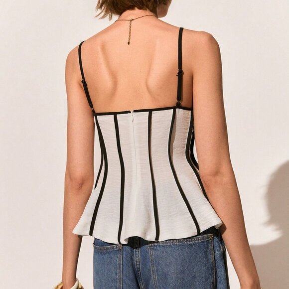 White Casual Women's Vacation Contrast Piping Babydoll Cami Top - Picture 2 of 7